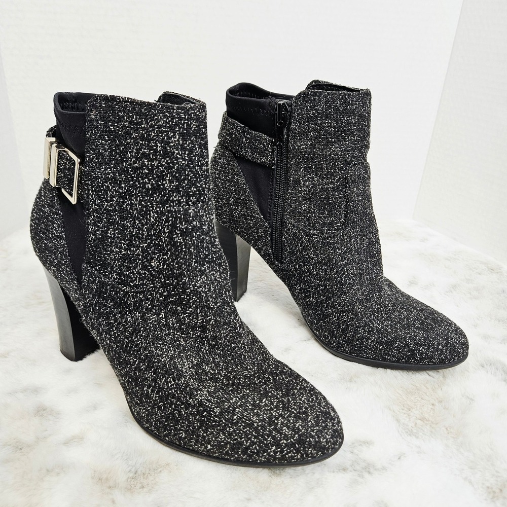 Kelly & Katie Black White Taylin Tweed Buckle Ankle Booties 6 Corporate Chic